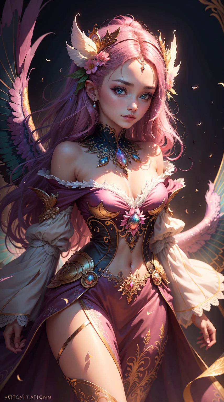 (((masterpiece))), (((best quality))), ((ultra-detailed)),(highly detailed CG illustration), ((an extremely delicate and beautiful)),cinematic light, Create a stunning fantasy artwork that mimics the style of currently trending masters of the genre. The art piece should contain elements of both mythic fantasy and fairytale fantasy with colorful accents. ((Utilize various shades of pink and watercolor pastels as the main color scheme.)) The character in the artwork is a delicate but strong petite figure with an aura of mystery and magic. Pay close attention to intricate facial features, such as mesmerizing eyes with vibrant colors and bold shading. The character's clothing should be designed with gossamer feathers, silk, stunning embroidery, and subtle iridescent details. Incorporate dreamy colors, dynamic lighting, and detailed background elements to create a sense of awe and immersion. Include colorful flying magical birds and jewel-toned butterflies radiating a magical aura. Consider the latest trends in fantasy art, such as incorporating unique lighting effects, exploring dynamic and compelling composition techniques, and experimenting with unique color palettes. Take inspiration from the top artists on ArtStation and Midjourney. Camera: Choose an angle that highlights the character's beauty and enhances the magical majesty of the artwork. Lighting: Utilize atmospheric lighting techniques to create depth and mood. Resolution: Aim for a high-resolution artwork to showcase intricate details and clarity. Art Inspirations: Seek inspiration from the trending artists on ArtStation, exploring different styles, genres, and themes.