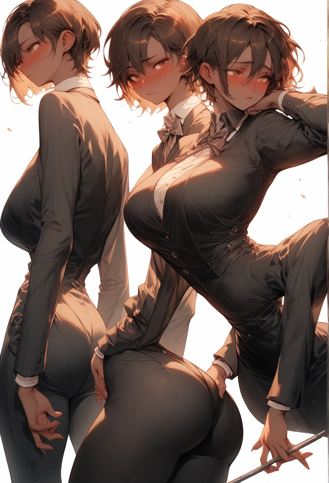 big breasts, thick thighs, thick ass, black skin, short brown hair, suit, blushing