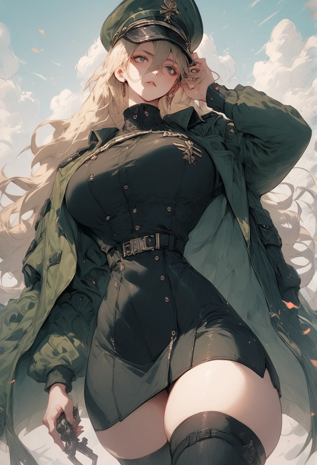 big breasts, thick thighs, long hair, military outfit