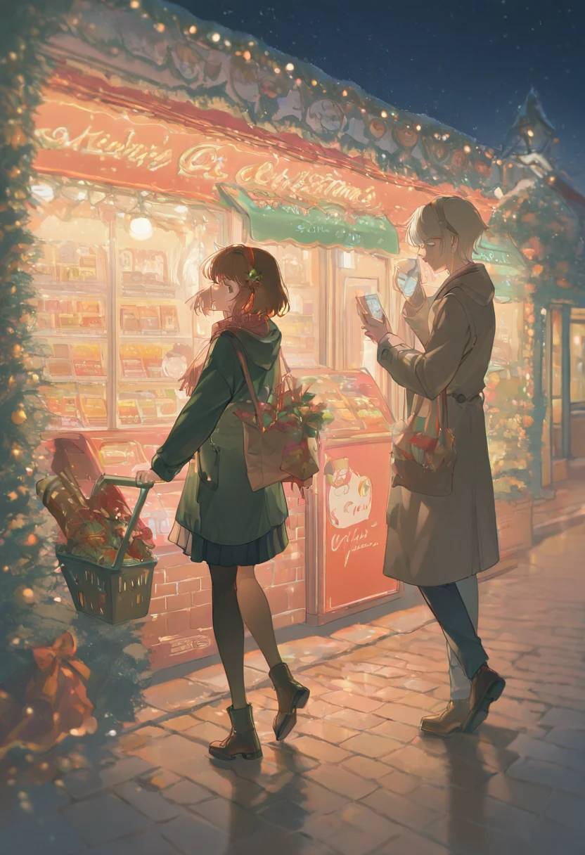 masterpiece, absurd, up to date, very good,  Chromatic Aberration, Complex ，One of the Studio Ghibli illustrations in depicts a group of good friends shopping for Christmas gifts at a kiosk grocery stand. In the background are cozy street lights and Christmas decorations. The colors are warm, the light is soft, and the atmosphere is welcoming.