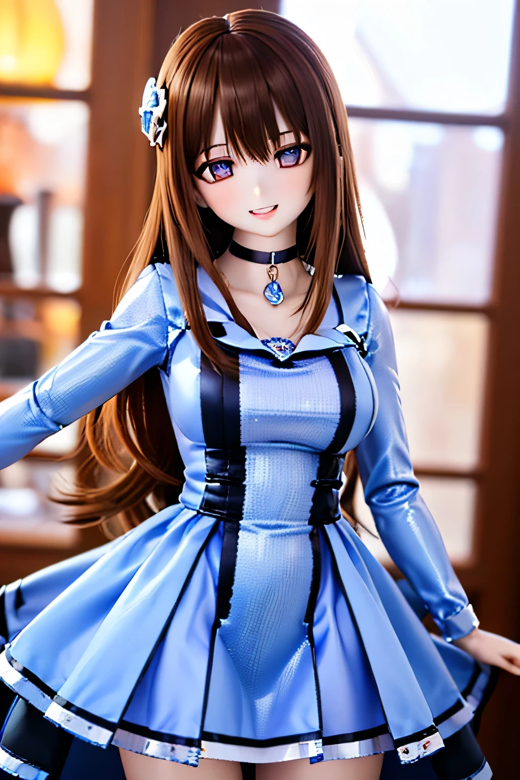 (SFW:2), photorealistic, realistic photo, 8k, Canon EOS, ((highest quality)), ((masterpiece)), (extremely detailed), dd, doll, idol dress, plastic skin, slim, skinny, slender, (squinted eyes:1.4), (mature woman, 21yo, 21 years old, solo:1.6), (cowboy shot, brown hair, long hair, hair ornament, bodycon dress, choker, seductive smile, half opened mouth, purple brown eyes, glass eyes, shining eyes, looking at viewer, detailed face:1.3)