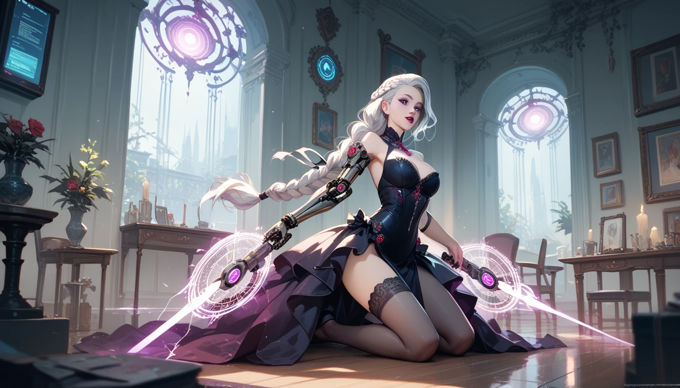 Total focus on a woman sitting on a throne of thorns in a translucent dress with metal and silver details with black eyes + close-up full-body showing, pose, cinematics, detailed pretty face, exquisite details, 8k UHD, ultimate brushing, master brushwork, trending on artstation, master drawing, masterpiece