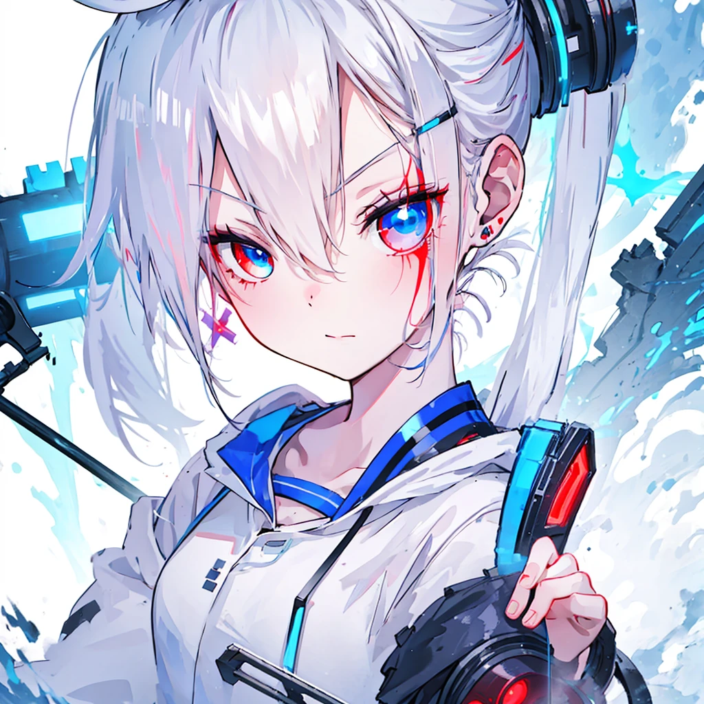 1 girl, Ultra-detailed, best quality, post apocalypse background, white hair, ponytail, red eye x blue eye,shadow, Hospital, abandoned hospital, research institute