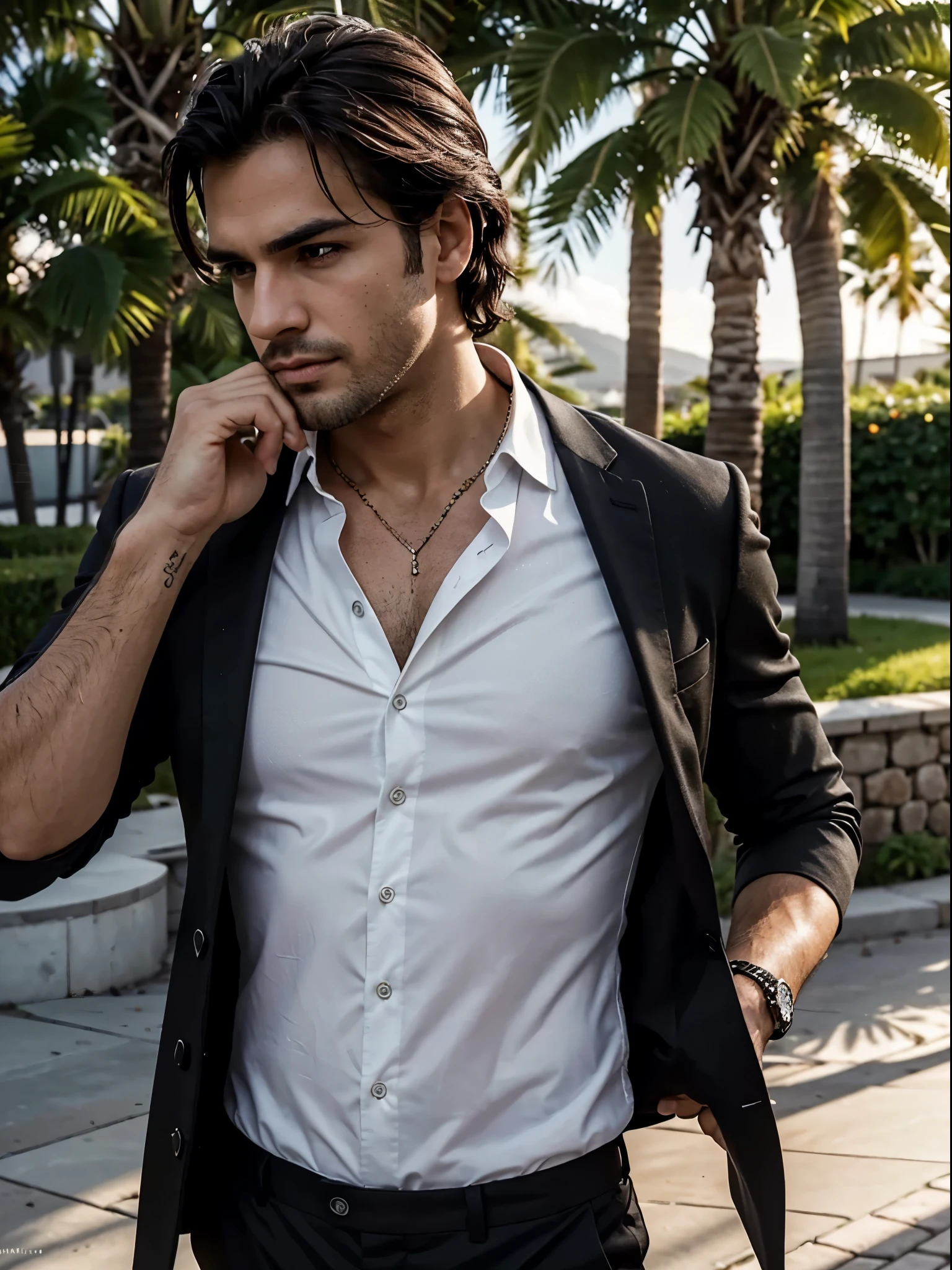 ( better quality,4k,8K,high resolution, masterpiece:1.2), ultra detailed,( realistic ,photo realistic ,photo- realistic :1.37),full body picture,Male 30 years in the clube,romantic portrait,retrato,emotion: passionate, intense visual contact, detailed facial expressions ,Great jaw line,hombros anchos,sensual lips,well-groomed beard,stubble,romantic lighting,warm colors,bokeh subtle,Vibrant natural environment,suave breeze,Soft natural sunlight,Natural and relaxed pose,slightly disheveled hair,Confident behavior,Custom attire,crisp black shirt, tight suit,open collar,With a view of a picturesque landscape,peaceful atmosphere,hint of mystery,Mature elegance,Classic charm,Modern sophistication.