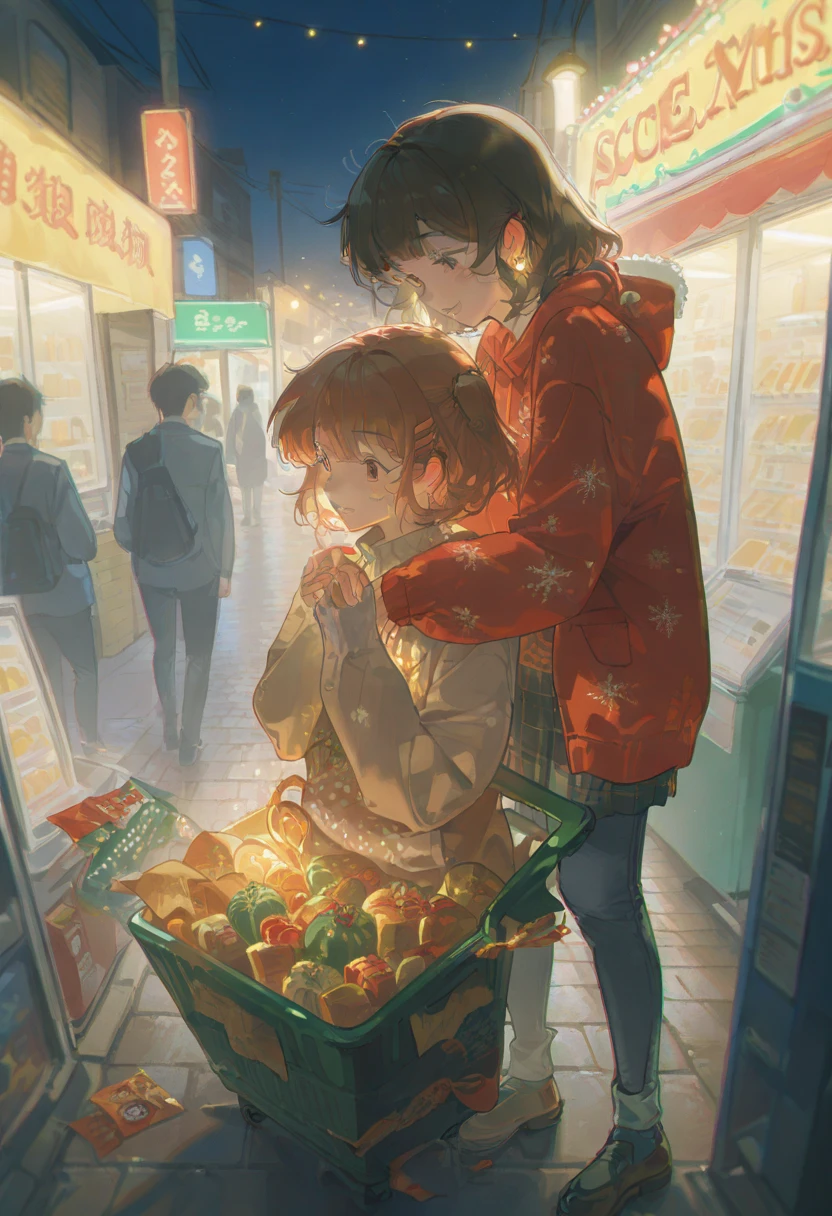 masterpiece, absurd, up to date, very good,  Chromatic Aberration, Complex ，One of the Studio Ghibli illustrations in depicts a group of good friends shopping for Christmas gifts at a kiosk grocery stand. In the background are cozy street lights and Christmas decorations. The colors are warm, the light is soft, and the atmosphere is welcoming.