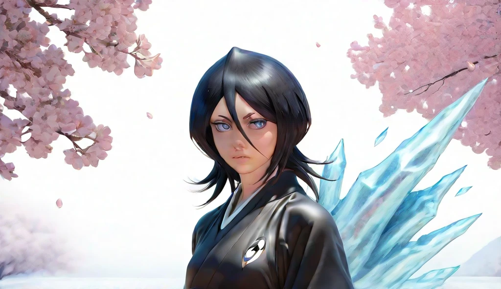 thick outlines, comics,  Photorealistic,  1girl, One, ice, heaps _Rukia , black kimono , cherry blossoms ,  detailed background ,  detailed face,  detailed eyes , (beautiful blue eyes1.3)  pencil drawing full size, (black and white style1.5)