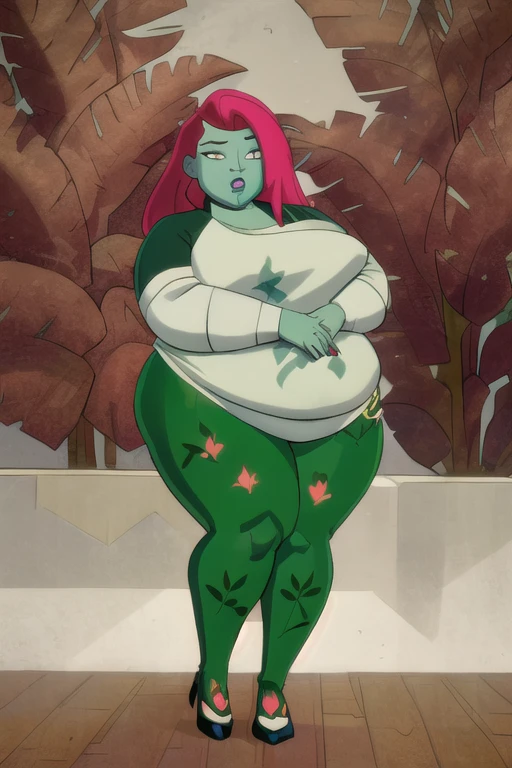 (8k, RAW photo, best quality, masterpiece:1.2), (intricate details), (best quality), (highres), ((perfect eyes)), perfect face, perfect lighting, vivid colors, intense colors, 1 fat girl, cartoon style, poisonivy, solo, full body plus, ssbbw