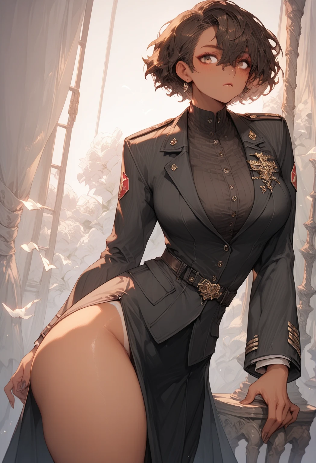 big breasts, thick thighs, thick ass, tanned skin, short brown hair, suit, military outfit