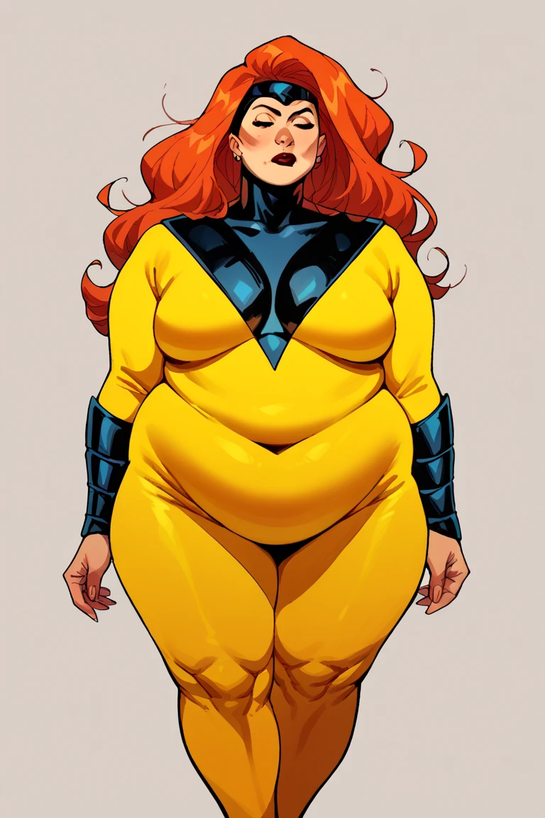 score_9, score_8_up, score_7_up, score_6_up, score_5_up,   jean grey (big fat body), 1girl,(Perfect anatomy of an obese female body), long hair, orange hair, yellow bodysuit (clothes that fit your big, fat body size).