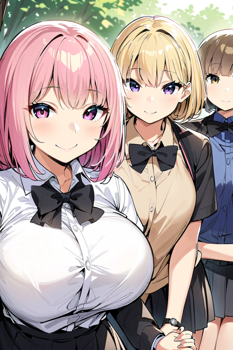 masterpiece, Highest quality, High resolution, JK,huge tit,One girl,black bow,black bowtie,Blonde,bow,bowtie,chest,Hair Bun,Hand in hand,Intertwined fingers,Long Hair,View your viewers,1人のboy,boy,hug,Pink Hair,pleated skirt,Tucked in shirt,short hair,skirt,smile,Tent shirt,breast grab
