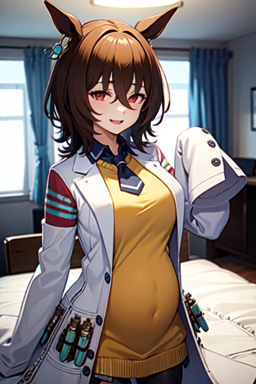  Agnes Tachyon 、Horse Girl、One person、 girl、Horse ears、Horse tail、 earring on one side 、Red eyes、 lines in eyes 、 shorthair、 brown hair 、Jacket、（White coat:1.2)、(bigger sleeve than wrist :1.1)、 yellow big sweater、 ties、 black pantyhose 、Stray hair、best qualty,evil smile、slender 、pregnant women