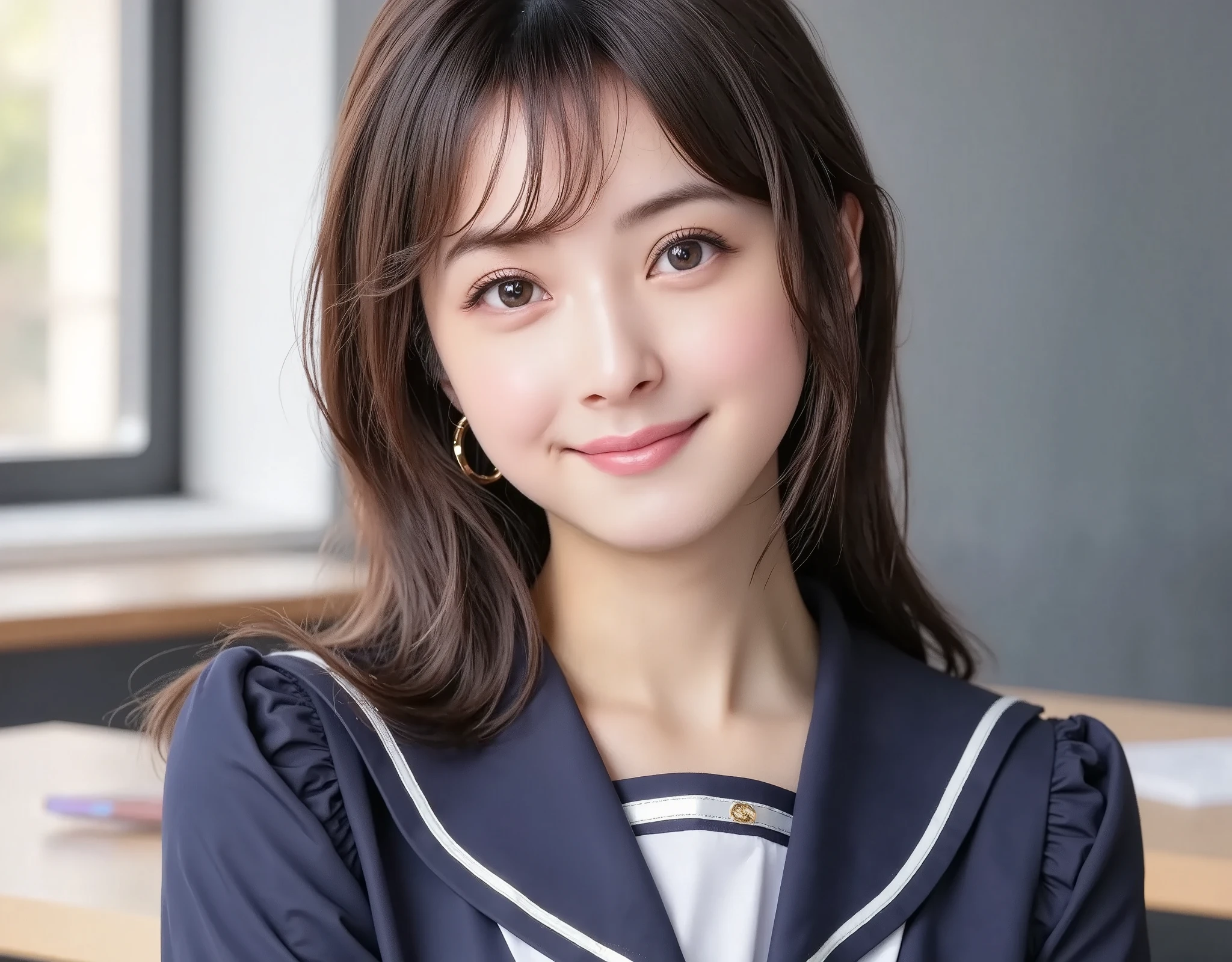 NSFW, (Highest quality), (Ultra-precise CG 16K wallpaper), (Realistic: 1.6), (High saturation), (Sharp), Beautiful detailed shading, Beautiful natural lighting, Beautiful detailed glow, Bright sunlight in the daytime, Natural light, Depth of field, (Mature 24 year old woman, One person: 1.6), (Very beautiful Japanese face), (Sasaki Nozomi), (Straight medium hair, bangs: 1.6), (Shiny black hair), (Sparkling eyes), (C cup size breasts, cleavage, slim thighs: 1.6), (Beautiful breasts), (Beautiful legs), (Beautiful skin), Beautiful proportions, (Smile: 1.2), (Looking at me: 1.6), (High school girl sailor uniform, wearing navy blue pleated miniskirt: 1.6), (Wearing a white hairband), (Standing pose: 1.6), (School, classroom), (Full screen image:1.6), (cowboy shot:1.6), (image of a woman looking from the front:1.6), (woman standing in a classroom:1.6),