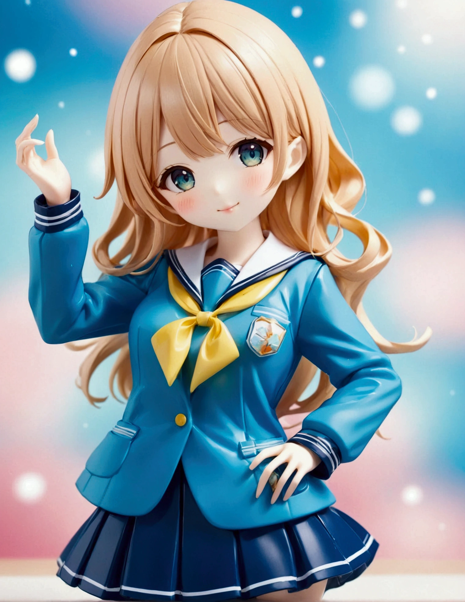 a close up of a person in a blue jacket and skirt, magical school student uniform, anime vtuber full body model, chiho aoshima color scheme, close up iwakura lain, good smile company anime style, teal uniform, anime barbie doll, aya takano color style, anime figure, anime action figure, anime pvc figure, ( highly detailed figure ). blurry light particles