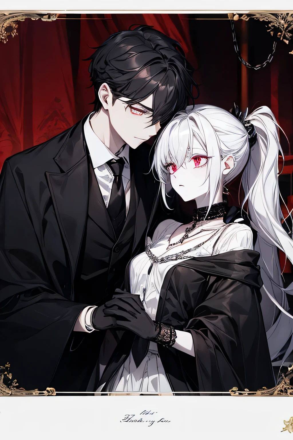 make a vampire boy with white hair and red eyes wearing a white suit and a vampire girl with red eyes and long white hair wearing a white dress in front of a dark mansion in a dark fantasy theme