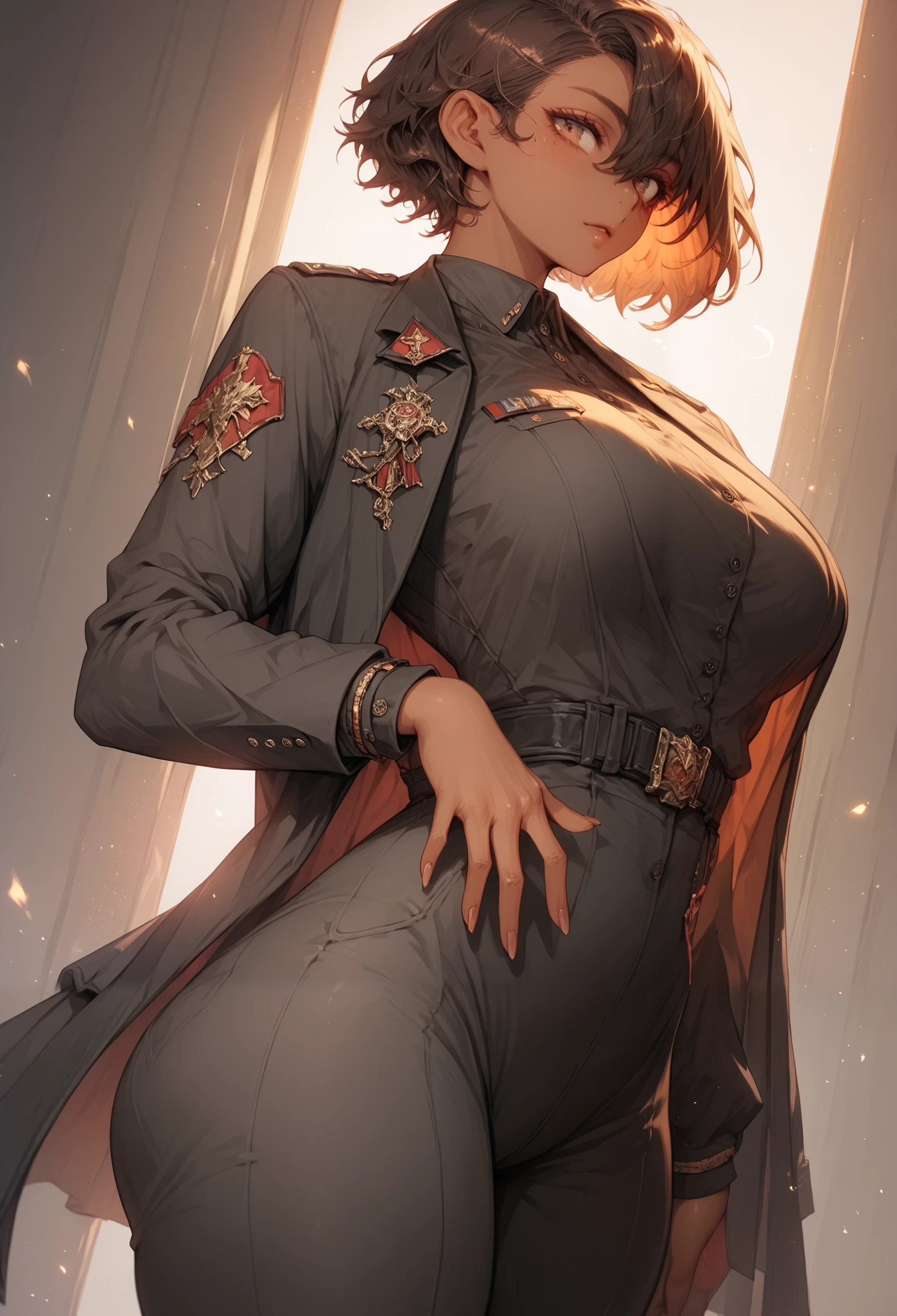 big breasts, thick thighs, thick ass, tanned skin, short brown hair, suit, military outfit