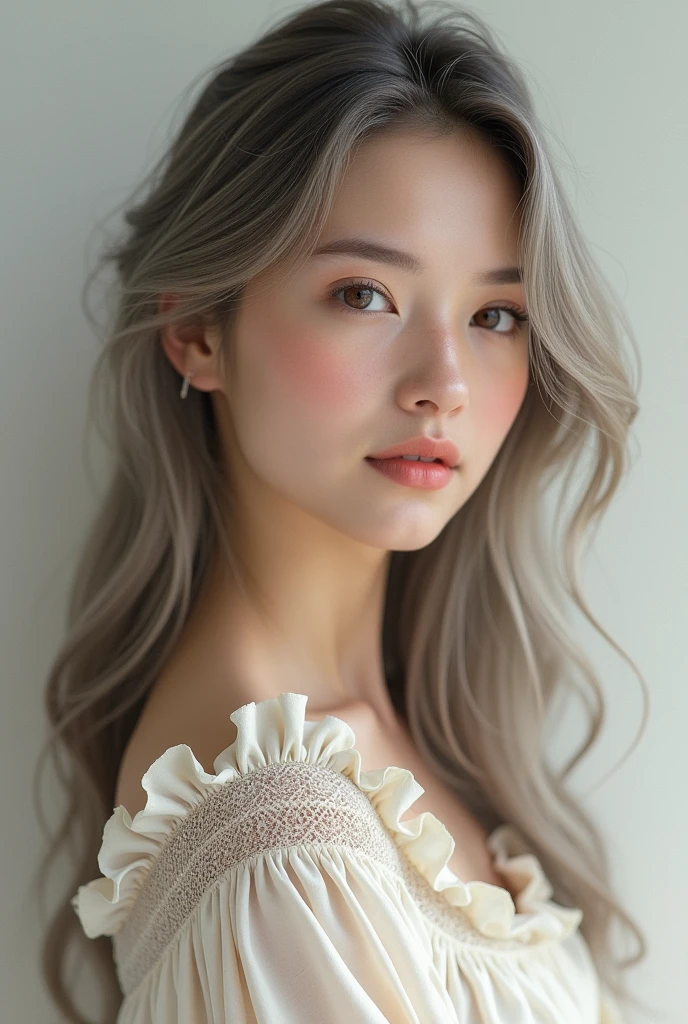 A fair-skinned young woman with long wavy, grayish-brown hair. she has brown eyes, light pink cheeks and slight pink lips and she's wearing a flounce.