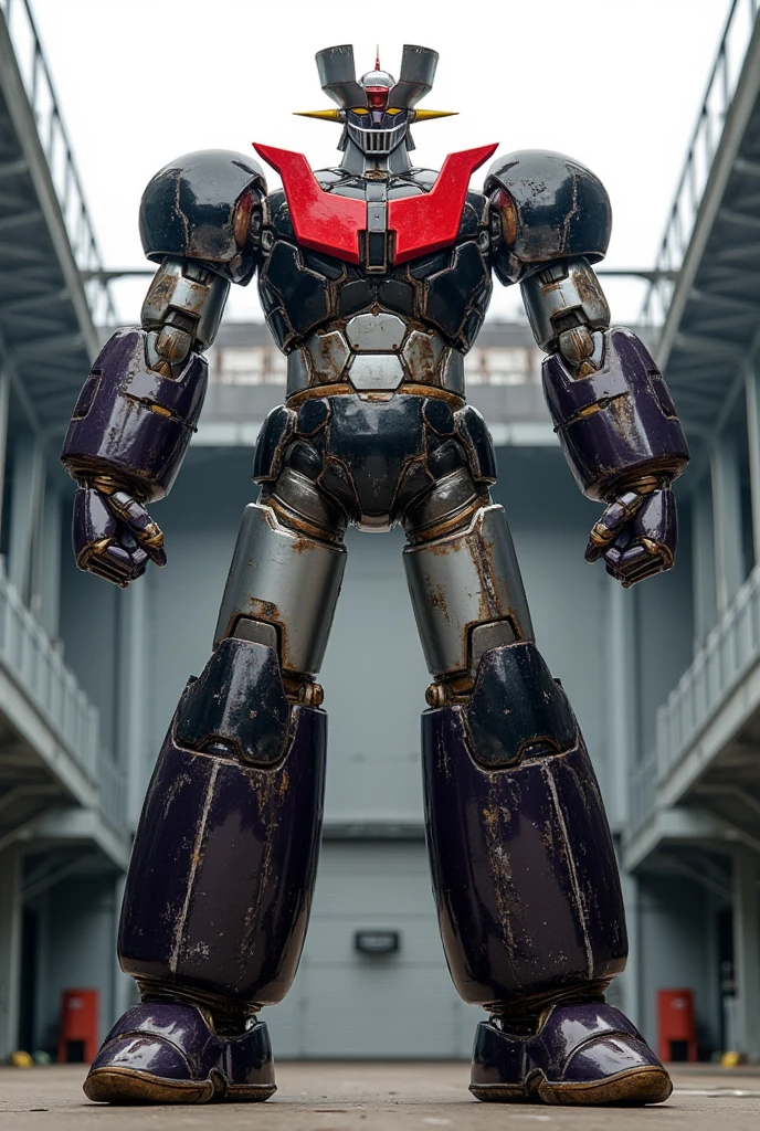   a very realistic version of the Mazinger Z ,  standing in a forward position at a height of 18 meters .  constructed with modern materials such as steel ,  Carbon Fiber ,  other industrial elements are also visible ,  just like the real thing ,  with visible welds applied to its surface I'm , bolt,  realistic texture , .  Iconic features such as the chest plate and head have been carefully recreated.  set in a modern industrial environment ,  the appearance of Mazinger Z standing around ,  illuminated by natural light 、 huge structures highlighted with realistic shadows . 