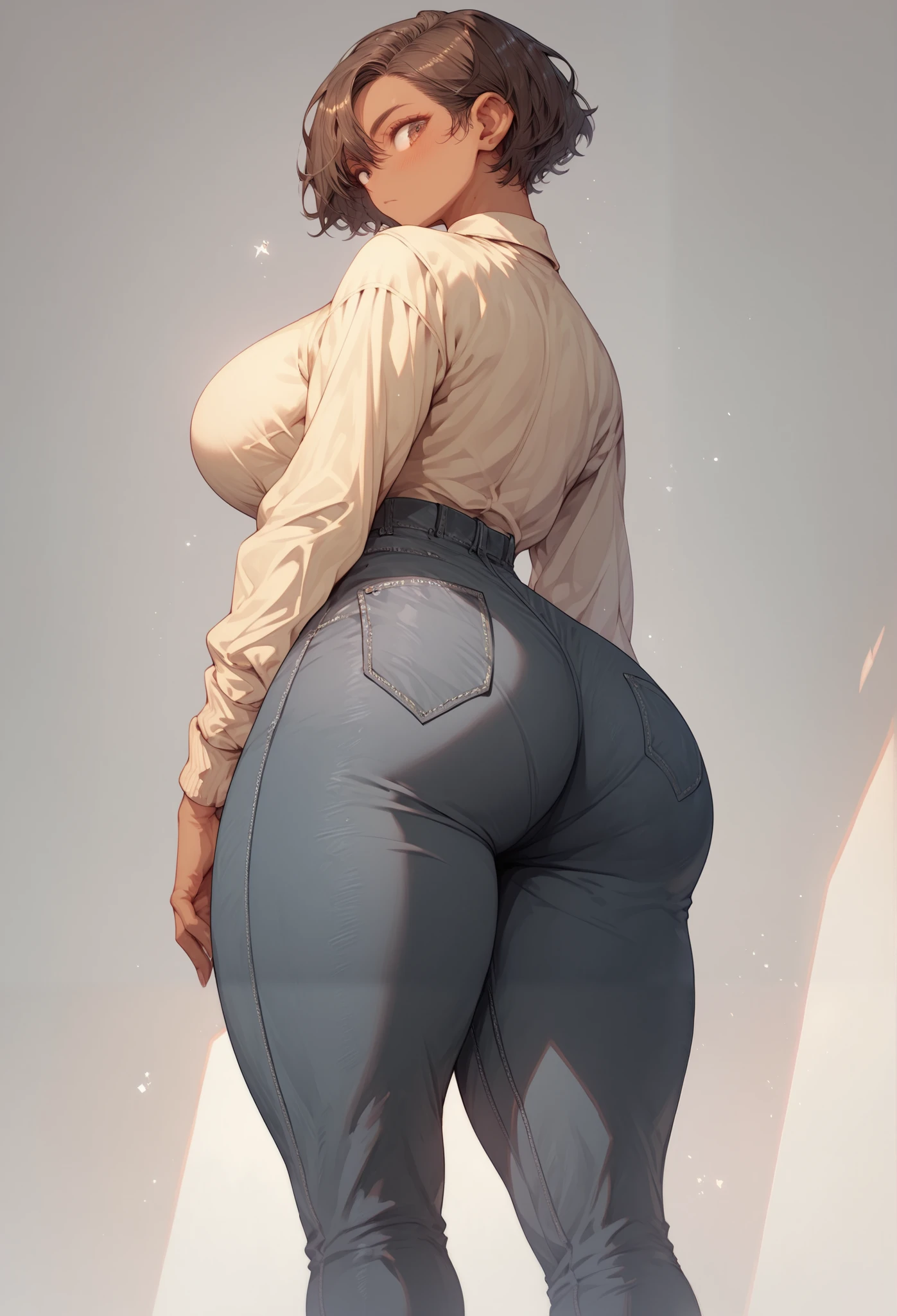 big breasts, thick thighs, thick ass, tanned skin, short brown hair, polo shirt, tight black jeans, ass, looking back at view