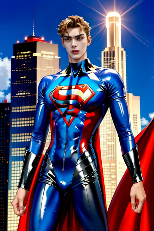 by hajime sorayama, ((masterpiece)), ((realistic)), (best quality:1.2), 1boy, superman, metal skin,
