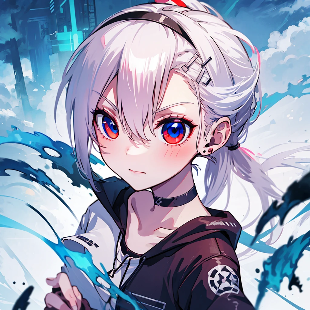 1 girl, Ultra-detailed, best quality, post apocalypse background, white hair, ponytail, red eye x blue eye,shadow, Hospital, abandoned hospital, research institute