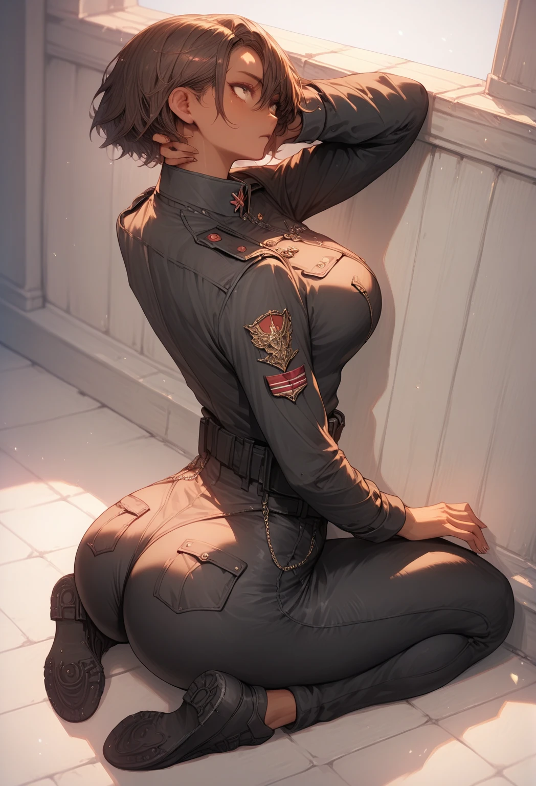 big breasts, thick thighs, thick ass, tanned skin, short brown hair, military outfit, black pants, kneeling, ass