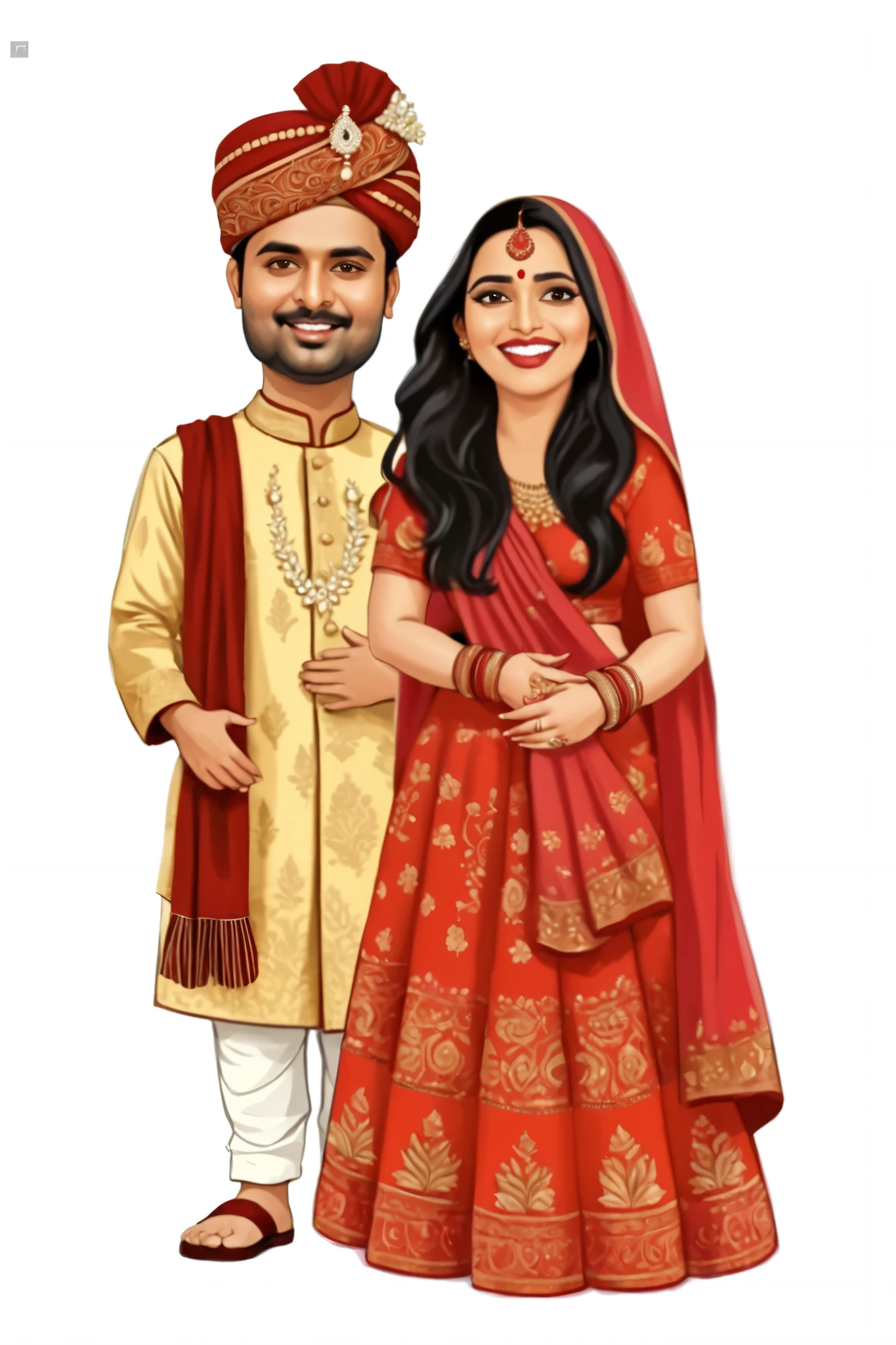 A caricature illustration north indian couple in wedding look  where guy wearing sharwani and turban with a shawl and lady in red lehanga Illustration, Artistic, 