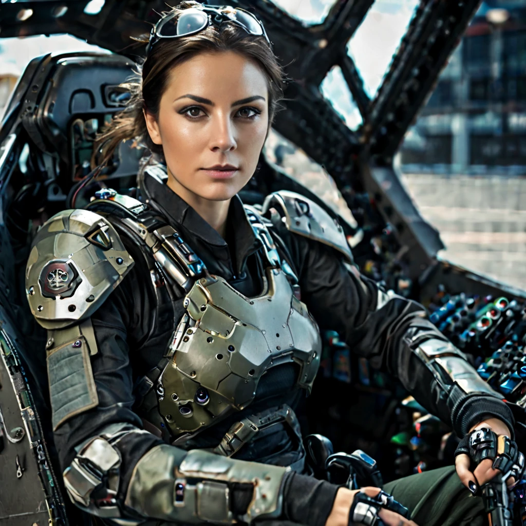 Highly detailed photo of a Women, SF soldier, 30yo, (Mech warrior of women mercenary, (body armor on bodysuit)), sitting like a queen, Stately and dignified, Very dissatisfied look, (headset, Powerful and beautiful eyes, 8K Ultra HD, Original photo, Model Photoshoot, Detailed skin, Skin imperfections, Photographed from directly in front, ((Female pilot sitting at the cockpit of Mech), Looking into the camera), upper body)