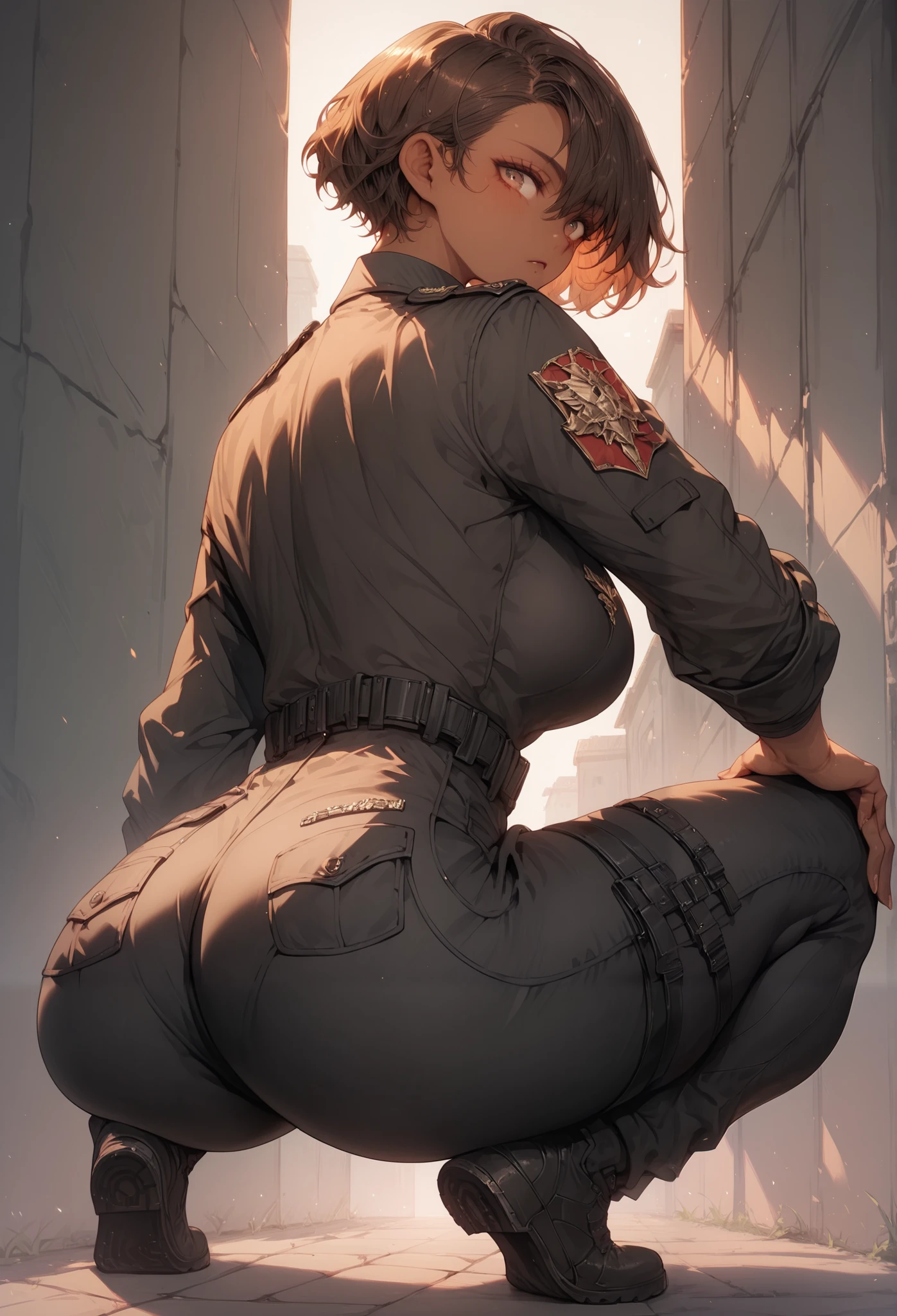 big breasts, thick thighs, thick ass, tanned skin, short brown hair, military outfit, black pants, crouching, ass