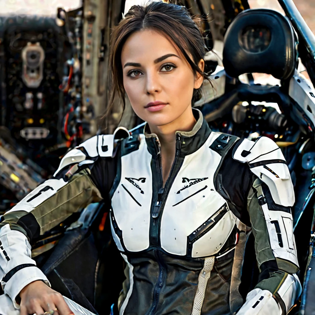 Highly detailed photo of a Women, SF soldier, 30yo, (Mech warrior of women mercenary, (body armor on bodysuit)), sitting like a queen, Stately and dignified, Very dissatisfied look, (headset, Powerful and beautiful eyes, 8K Ultra HD, Original photo, Model Photoshoot, Detailed skin, Skin imperfections, Photographed from directly in front, ((Female pilot sitting at the cockpit of Mech), Looking into the camera), upper body)