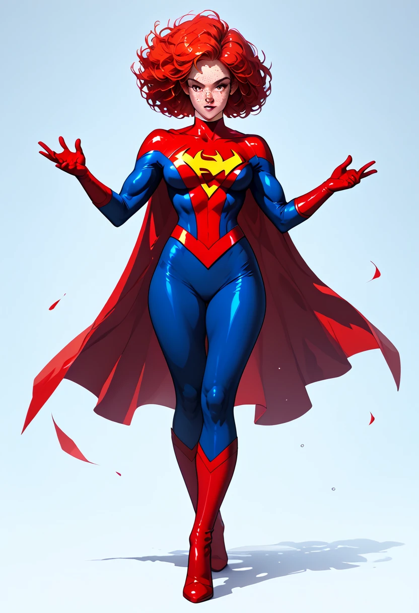 girl with red hair and ((freckles)) dressed in ((superhero costume)) ((confident look)) ((beautiful eyes)) ((standing in superhero pose)) ((FULL HEIGHT)) ((full body visible))