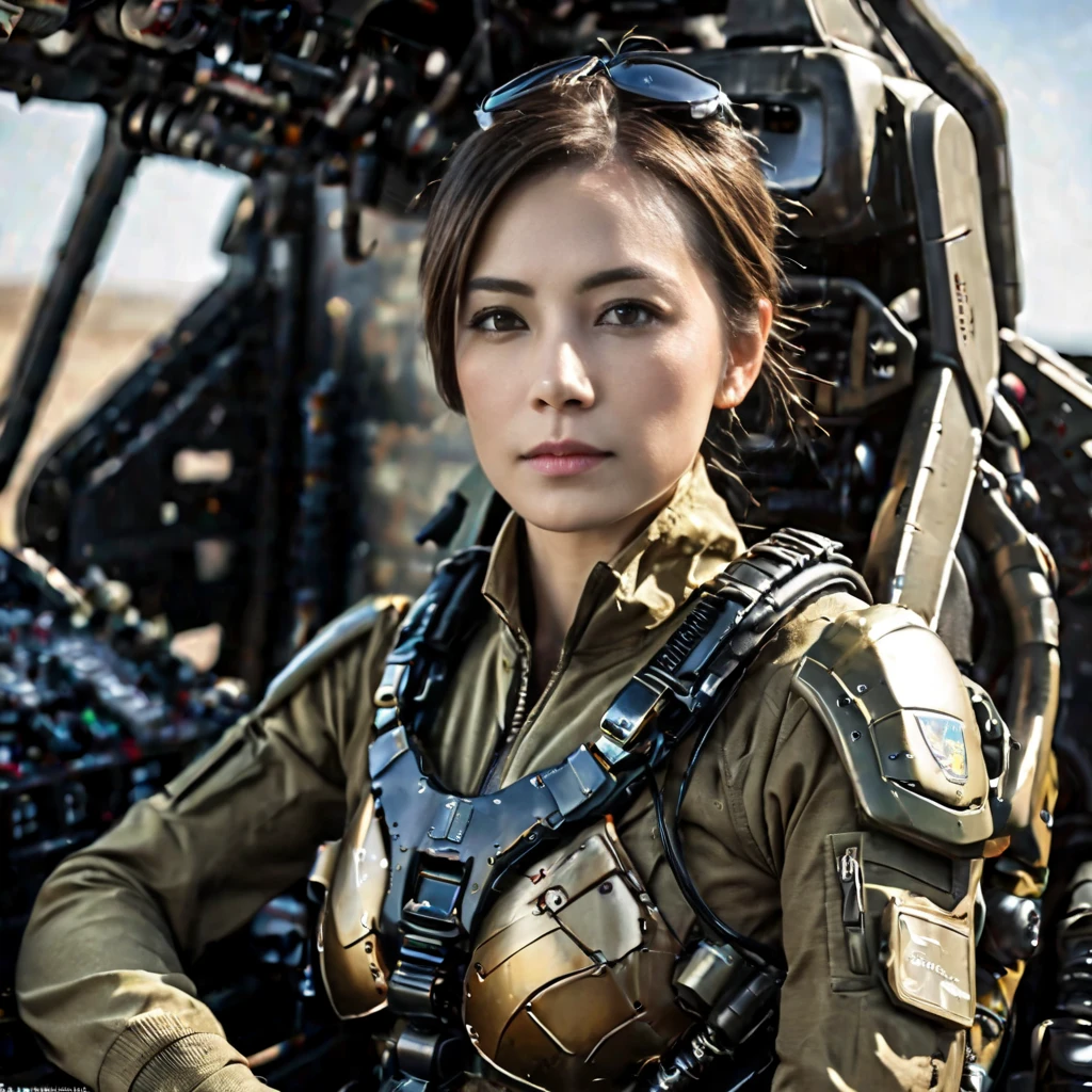 Highly detailed photo of a Women, SF soldier, 30yo, (Mech warrior of women mercenary, (body armor on bodysuit)), sitting like a queen, Stately and dignified, Very dissatisfied look, (headset, Powerful and beautiful eyes, 8K Ultra HD, Original photo, Model Photoshoot, Detailed skin, Skin imperfections, Photographed from directly in front, ((Female pilot sitting at the cockpit of Mech), Looking into the camera), upper body)