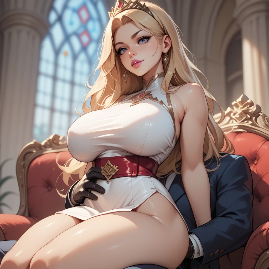 Hot blonde, big ass, thick thighs, thin waist, big breasts, long hair, golden tiara, short white dress, no panties, red belt, black gloves, provocative neckline, pink lipstick, sitting on his lap.