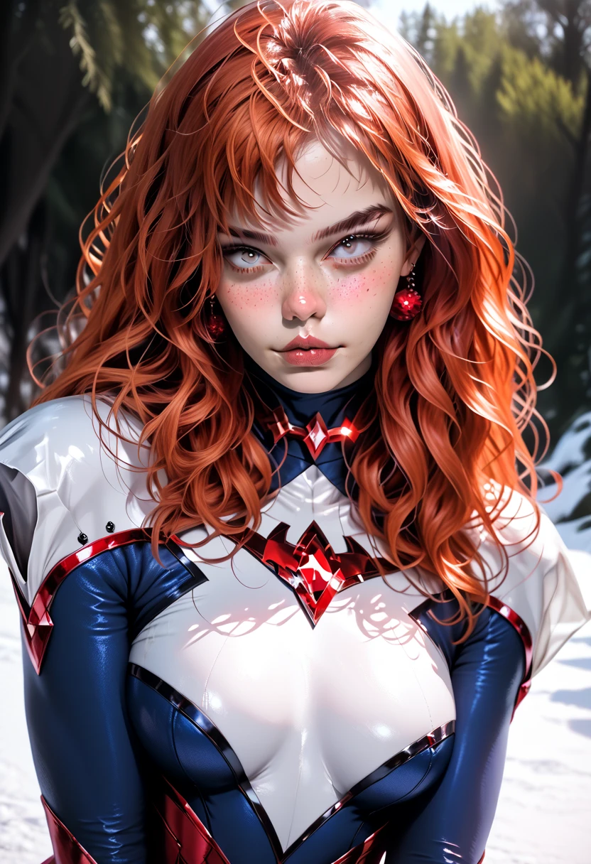 A beautiful girl with long, flowing red hair, adorned with freckles across her face, dressed in a stunning superhero costume, exuding a confident and powerful expression. Her eyes are captivating, and she stands in a heroic pose, her full body visible, radiating strength and determination. (best quality,4k,8k,highres,masterpiece:1.2),ultra-detailed,(realistic,photorealistic,photo-realistic:1.37),1girl,redhead,freckles,superhero costume,confident look,beautiful eyes,superhero pose,full height,full body