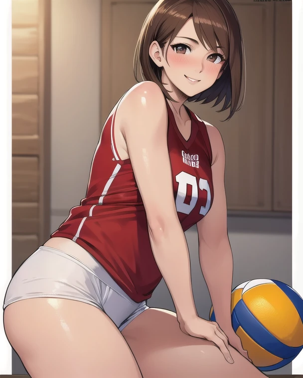 1 Lady Solo, /(Volleyball uniform/), /(dark brown hair/) Bangs, A light smile with a blush, (masterpiece best quality:1.2) Ultra-detailed delicate illustrations, Big breasts Break /(Indoor volleyball court/)perfect face, show pussy, ((((pussy dripping with cum)))),big nipple,show nipples