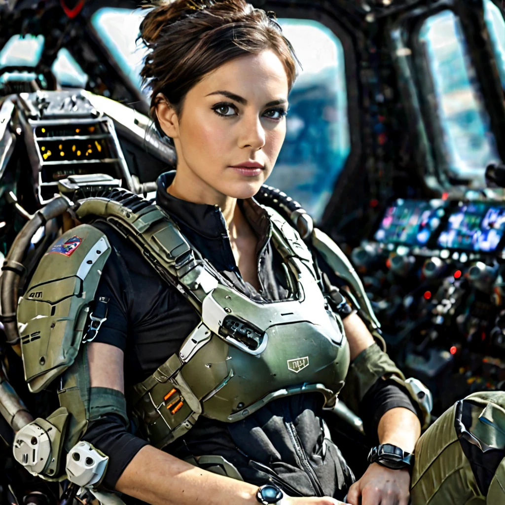 Highly detailed photo of a Women, SF soldier, 30yo, (Mech warrior of women mercenary, (body armor on bodysuit)), sitting like a queen, Stately and dignified, Very dissatisfied look, (headset, Powerful and beautiful eyes, 8K Ultra HD, Original photo, Model Photoshoot, Detailed skin, Skin imperfections, Photographed from directly in front, ((Female pilot sitting at the cockpit of Mech), Looking into the camera), upper body)