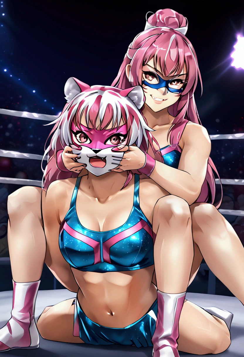 First Female Pro Wrestler 、The ring name is pink tiger mask female、 I'm a Japanese Mask Dressler 。 I'm a popular idol wrestler in the female pro wrestler 。 so cute。 I have a title match with a rival wrestler 。The camel clutch was decided from behind by the second villain wrestler