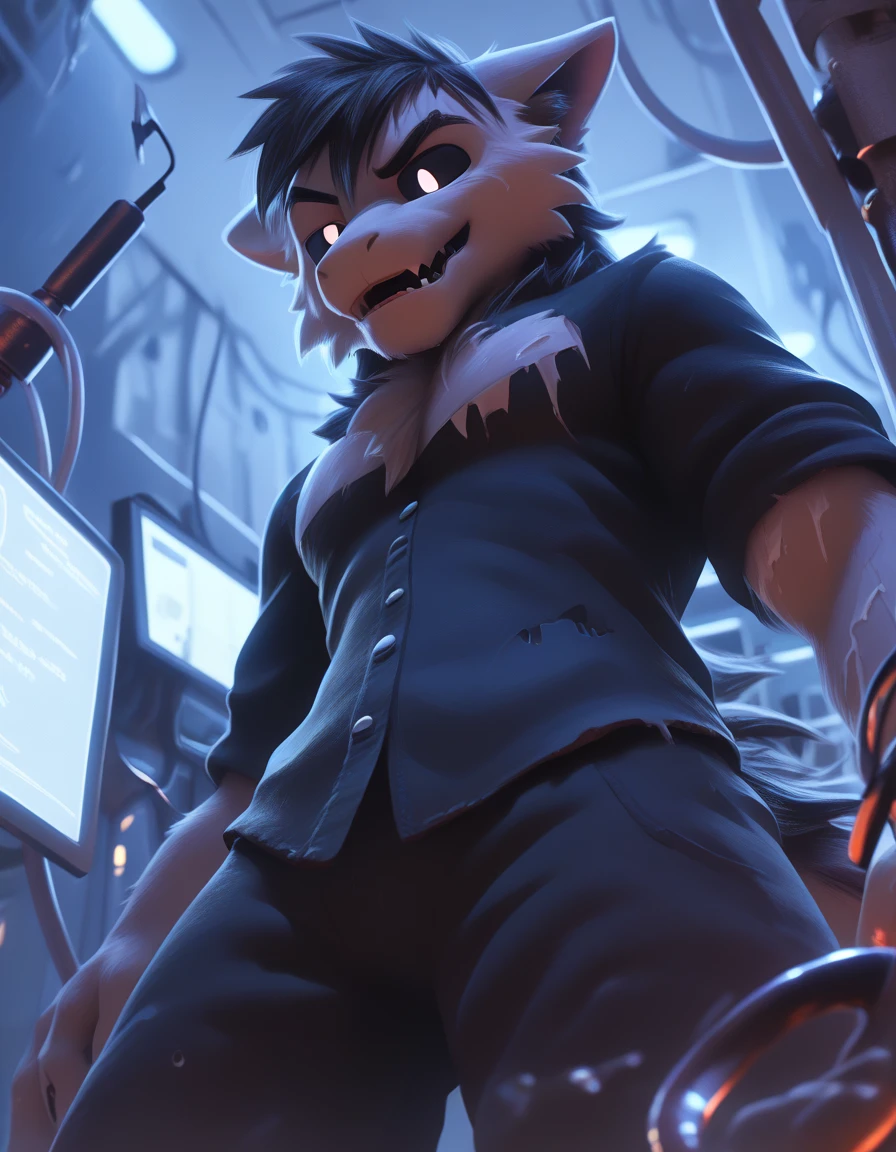 score_9, score_8_up, score_7_up, BREAK rating_safe, detailed, solo, anthro, （furry anthro wolf）, (changed:1.2), black sclera, brown body, black pupil,laboratory background, (from below, raised eyebrow:1.35)