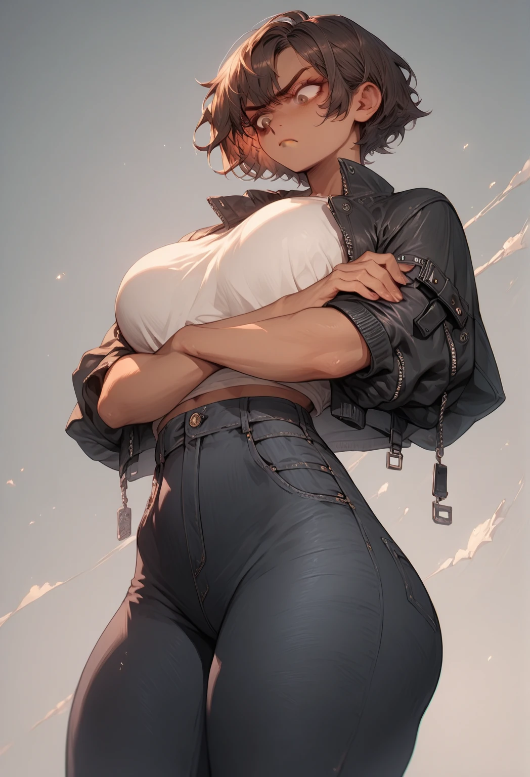 big breasts, thick thighs, thick ass, tanned skin, short brown hair, cropped jacket, tight black jeans, arms crossed, looking down on view, disgust