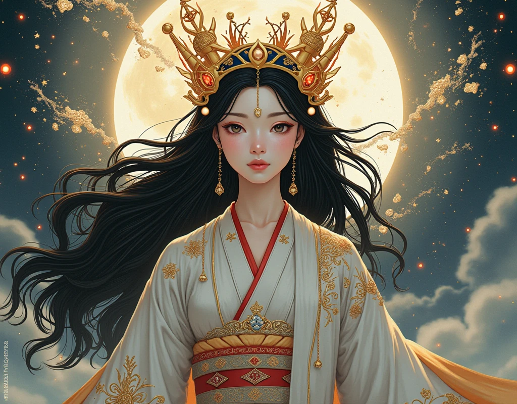 demon girl, sexy, bright eyes, black hair, long hair, two horns, big horns, look at viewer, beatiful girl, seductive gaze, golden eyes, eyeliner, chinese clothing, purple cloth, purple theme, perfect girl, bauty girl, sexy girl, good body.