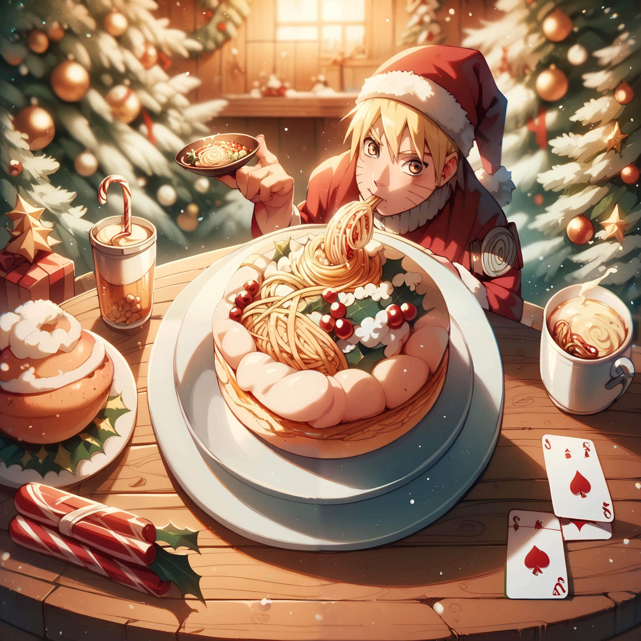  Typical Christmas greeting card with decorated borders and the following text in Spanish " Merry Christmas "  In the center of the card is Naruto , a character from the anime Naruto Shippuden wearing a Santa Claus hat , eating Ramen at the table ,  with the background decorated in Christmas style .