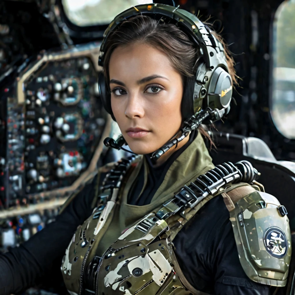 Highly detailed photo of a Women, SF soldier, 30yo, (Mech warrior of women mercenary, (body armor on bodysuit)), sitting like a queen, Stately and dignified, Very dissatisfied look, (headset, Powerful and beautiful eyes, 8K Ultra HD, Original photo, Model Photoshoot, Detailed skin, Skin imperfections, Photographed from directly in front, ((Female pilot sitting at the cockpit of Mech), Looking into the camera), upper body)