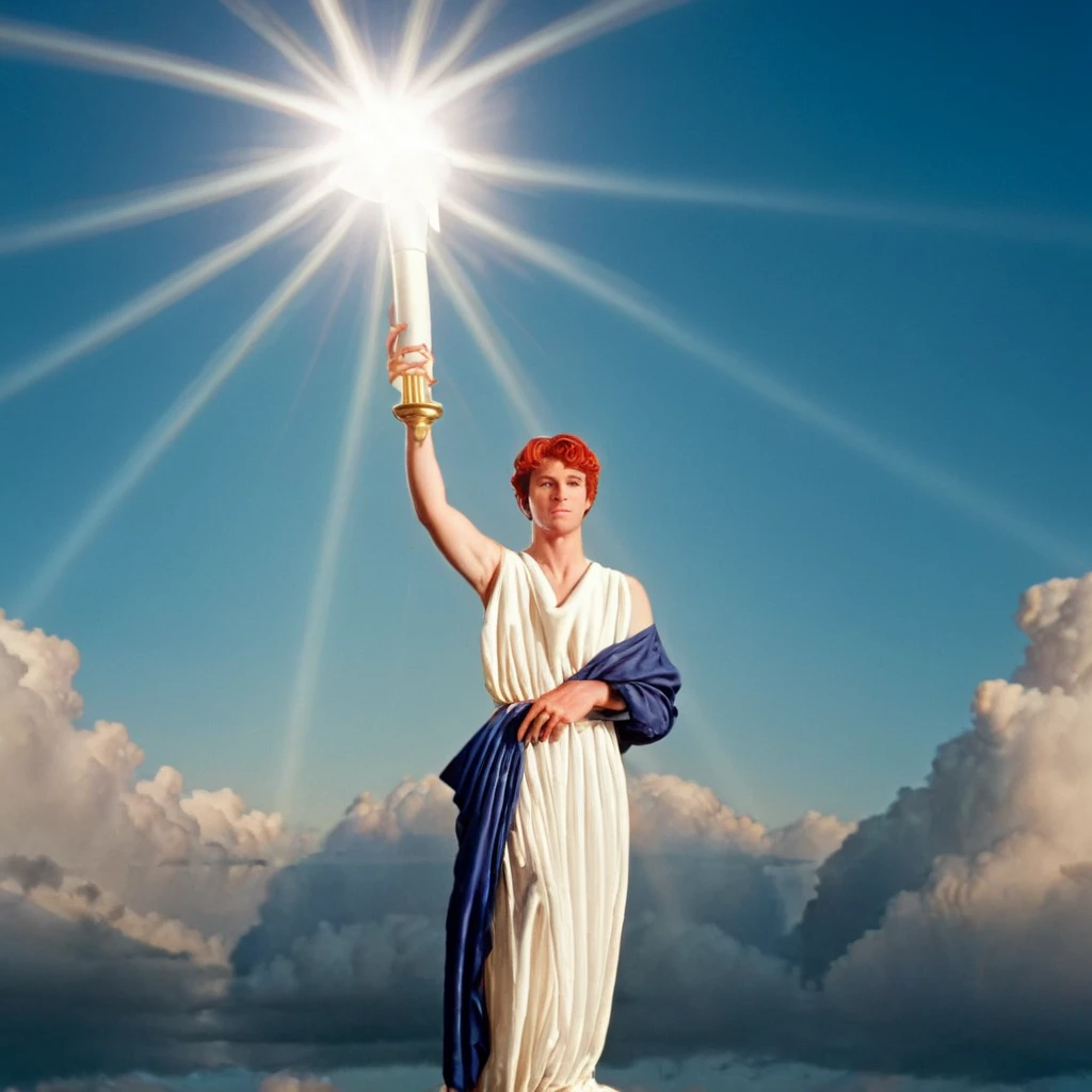 cinematic film still of Toby Smith (Tubbo) columbia picture model a 3d man holding a bright light emitting torch in his hand up in sky, 1man, solo, dress, standing,full body, red ponytail hair, sky, cloud, white dress, arm up, sunlight, lens flare, light rays, sun, sunbeam, rainbow, fine art parody, realistic, sharp, detailed, classic, model, modeling, god ray light in sky, photography, artistic, Columbia picture style, shallow depth of field, vignette, highly detailed, high budget, bokeh, cinemascope, moody, epic, gorgeous, film grain, grainy