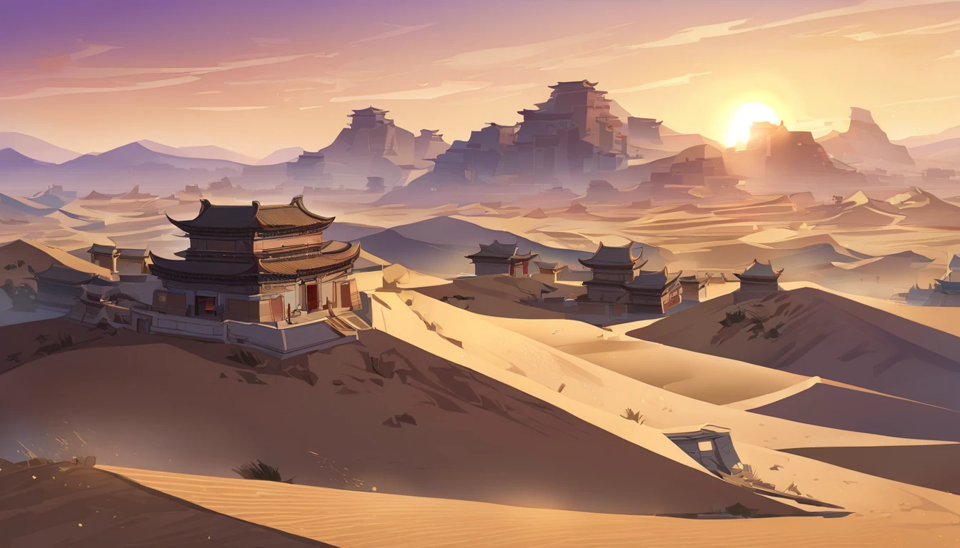 Desert Landscape, dunes , ancient Chinese city, Sunset.