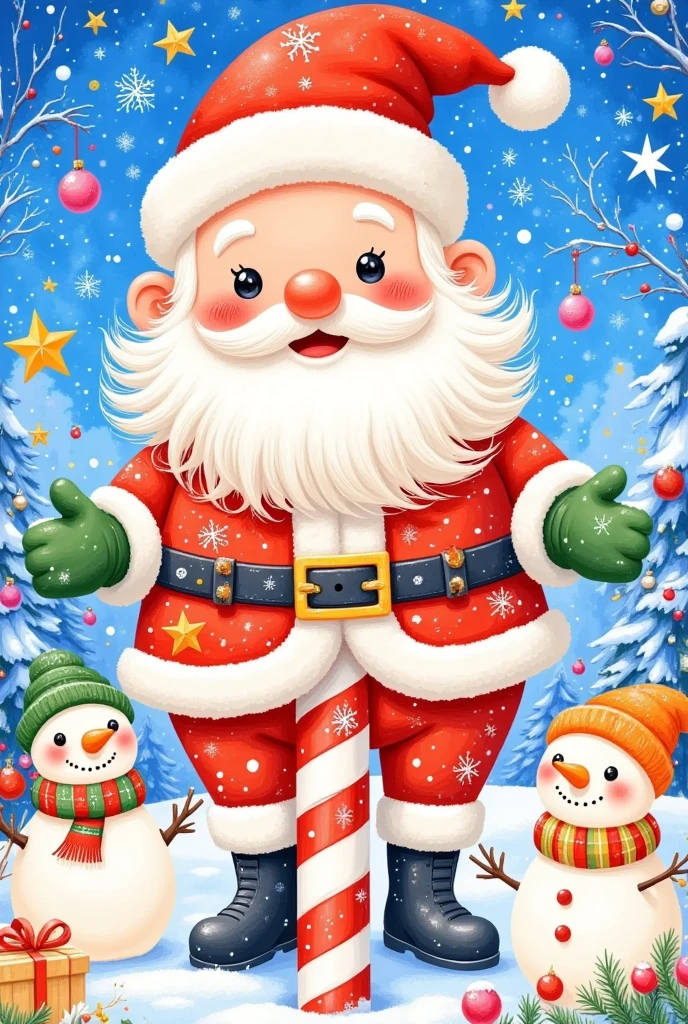 a happy santa claus in a candy cane, cute snowmen, colorful scarves, exaggerated expressions and poses, festive christmas atmosphere, snowy winter landscape, 8k, highly detailed, cinematic lighting, vibrant colors, warm color palette, photorealistic, digital art, christmas poster