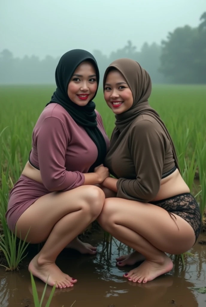 2 asian girl, hijab,  fat, naked, nipples, smile, selfie with friend, outdoor, rice field, closed eyes