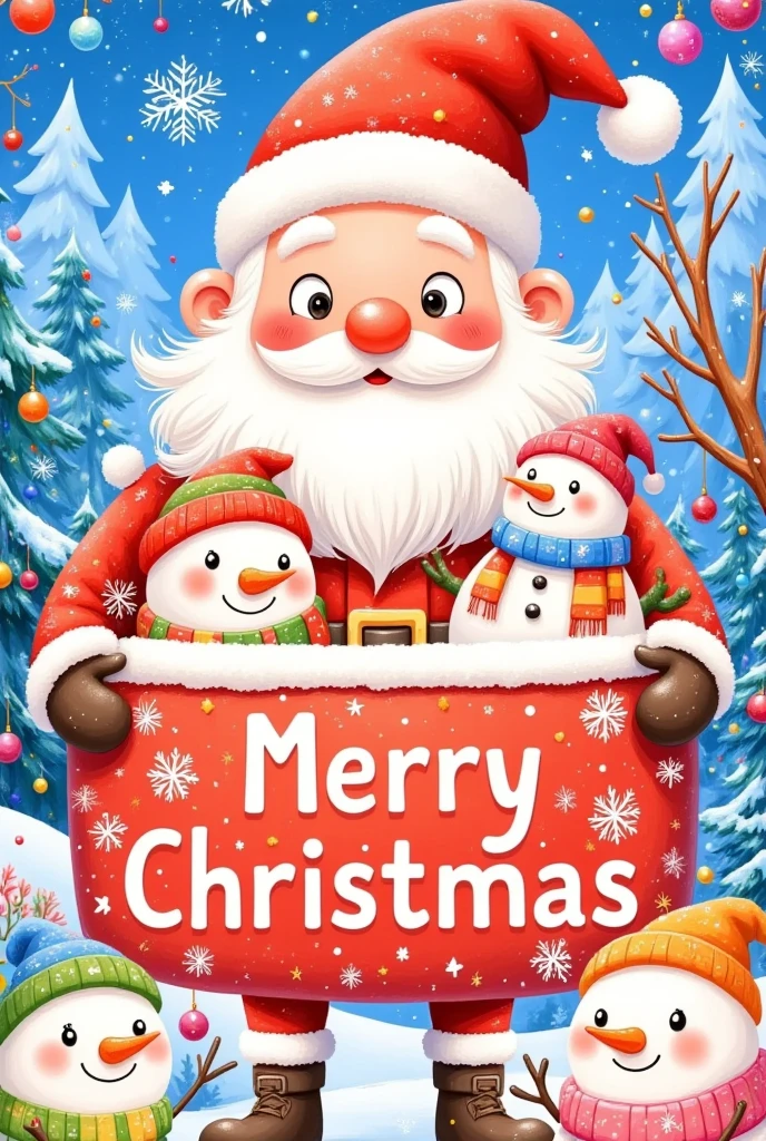 a happy santa claus in a candy cane, cute snowmen, colorful scarves, exaggerated expressions and poses, festive christmas atmosphere, snowy winter landscape, 8k, highly detailed, cinematic lighting, vibrant colors, warm color palette, photorealistic, digital art, christmas poster