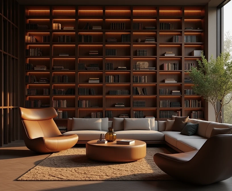 a modern library, dimly lit, low lighting, cozy atmosphere, warm lighting, bookshelf background, ambient lighting, minimal interior design, natural wood furniture, soft shadows, moody lighting, peaceful mood, intricate book details, refined aesthetic, elegant decor, atmospheric, photorealistic, 8k, high resolution, realistic