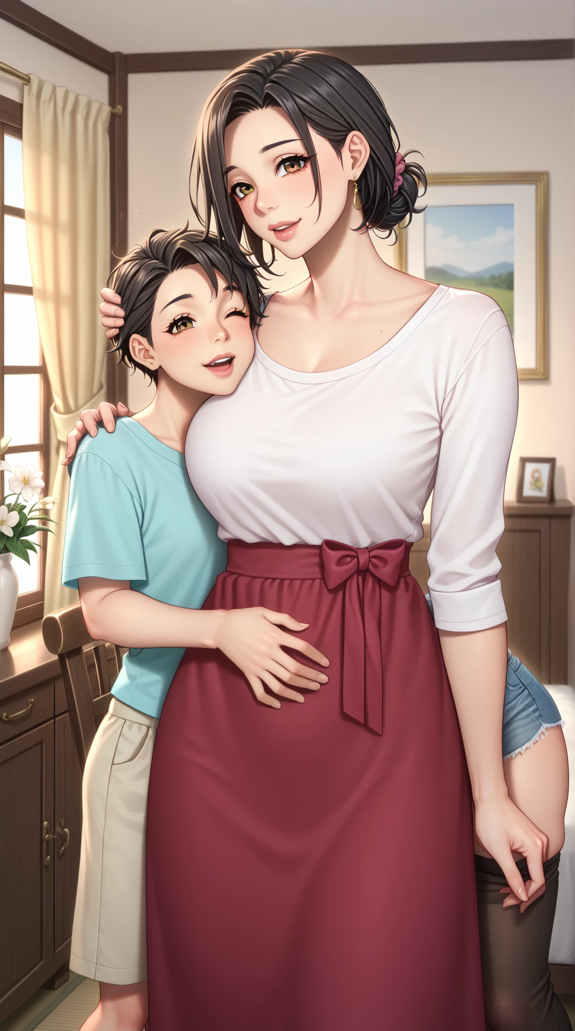 (1 young man), (1 asian Mom), (Duet), A mom seduces a young blackman,(strong and naked black man,short pants,muscle body,bodybuilder),(a young mom with big breasts,narrow waist,bare shoulders,(long skirt dressed, floral print, naked), European 40 year old milfs and th1 young black man r, best quality:1.4), (Ultra-high resolution:1.2), (8K, RAW photos:1.2), Laurena Lexis, (1 Mom, 1 son), Moms showing off their curves, bend down, Wearing sexy clothes and shorts, and their young son, Clear eyes, A mother and her young son, ((French Kiss))