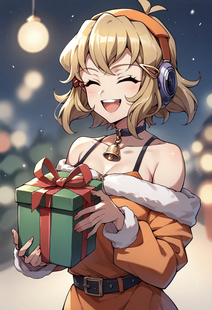 Tachibana Hibiki,closed eyes,open mouth,big smile, holding a present with both hands,christmas costume,simple orange christmas costume,Off-Shoulder, orange dress ,standing 