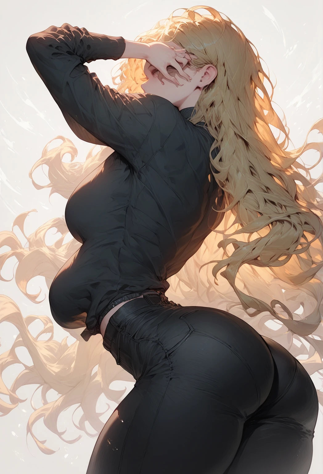 big breasts, thick thighs, long blonde hair, black shirt, black pants, ass